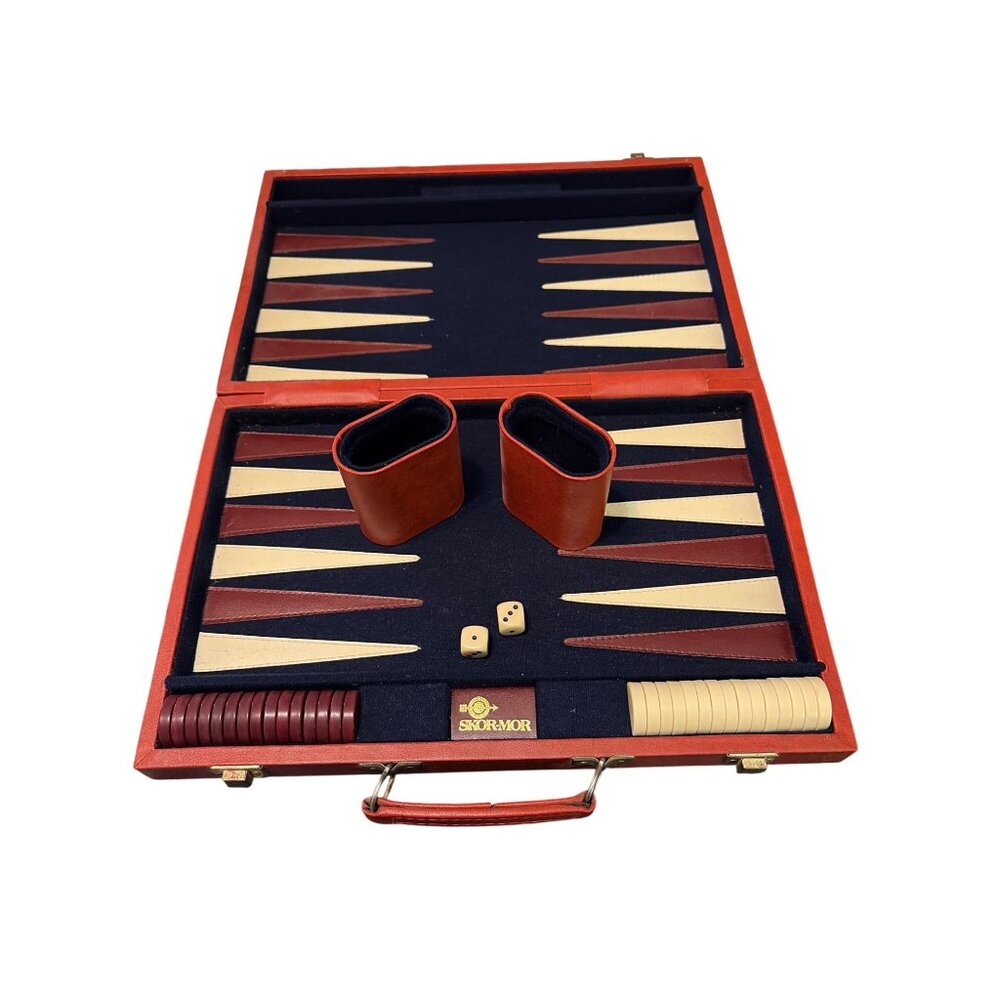 Vintage Skor-Mor Backgammon Set Red &‎ Brown Faux Leather Portable Case Complete